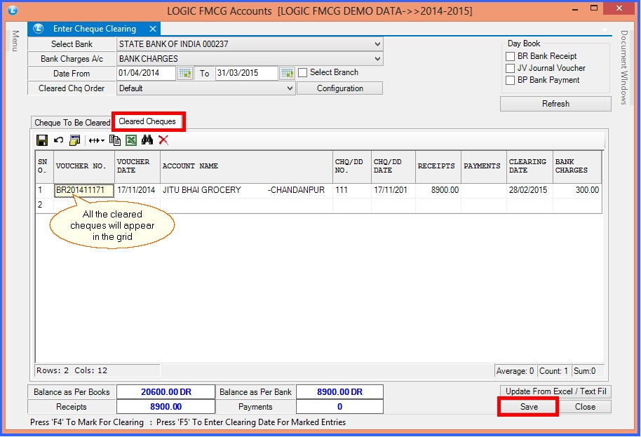 fmcg enter cheque clearing cleared cheques